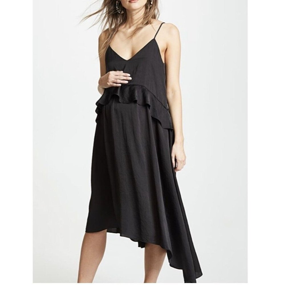 Hatch Size S Maternity 1 The Cleo Dress Midi Black Ruffle Satin Asymmetrical Hem